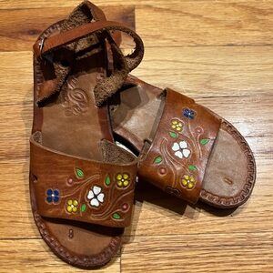 Vintage Mexican Brown Leather Sandals with Rainbow Floral Design